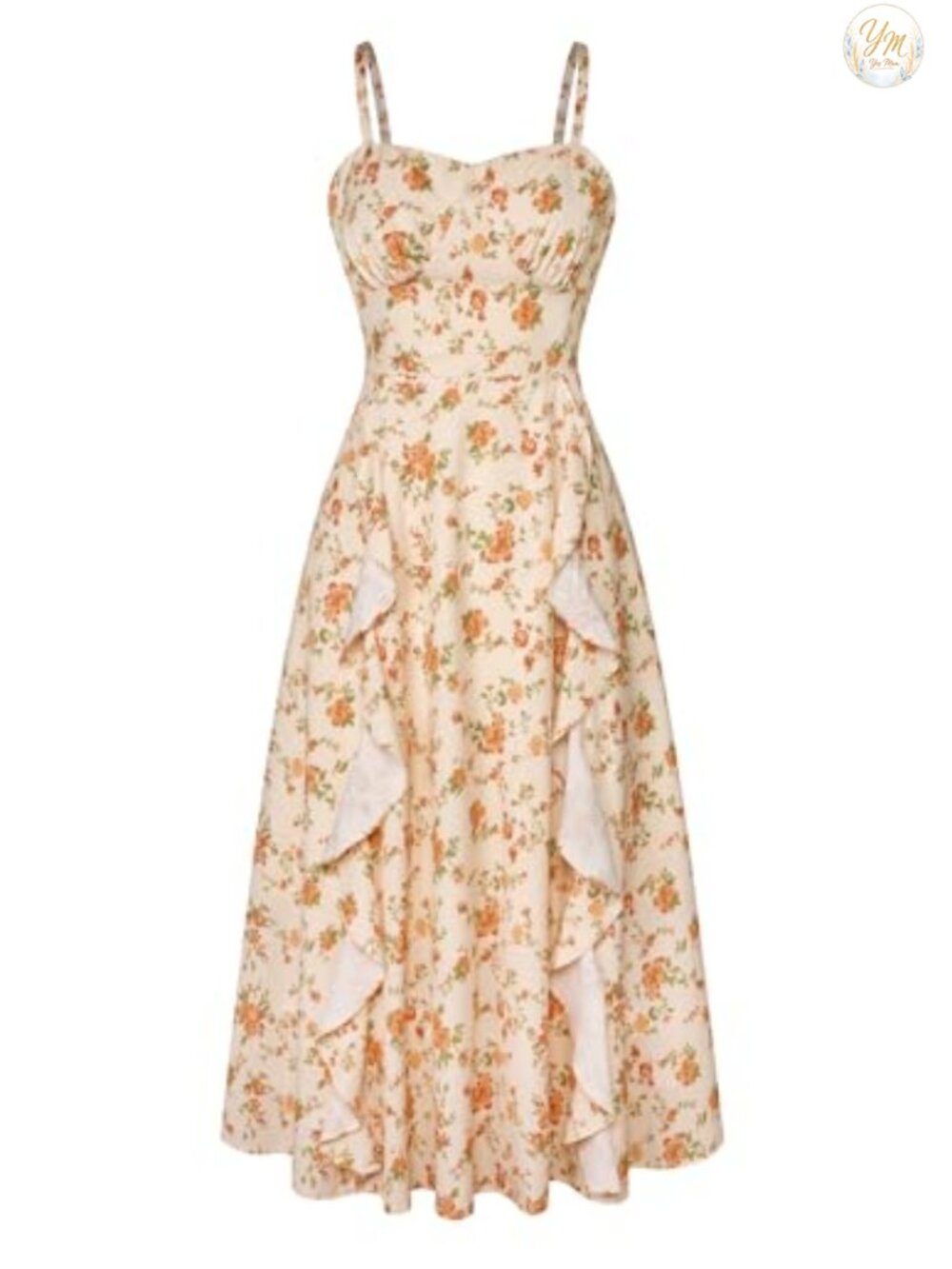 Boho Floral Ruffle Midi Sun Dress Empire Waist Sleeveless